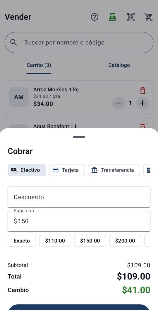 Pantalla Cobrar: efectivo, tarjeta o transferencia, con cálculo de cambio