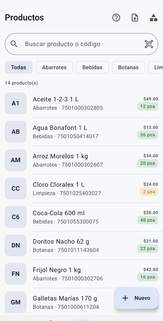 Lista de productos con categorías, precio y existencias